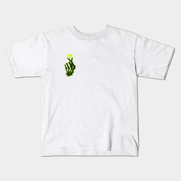 Neon Green Finger Heart Skeleton Hand Kids T-Shirt by bloomingviolets